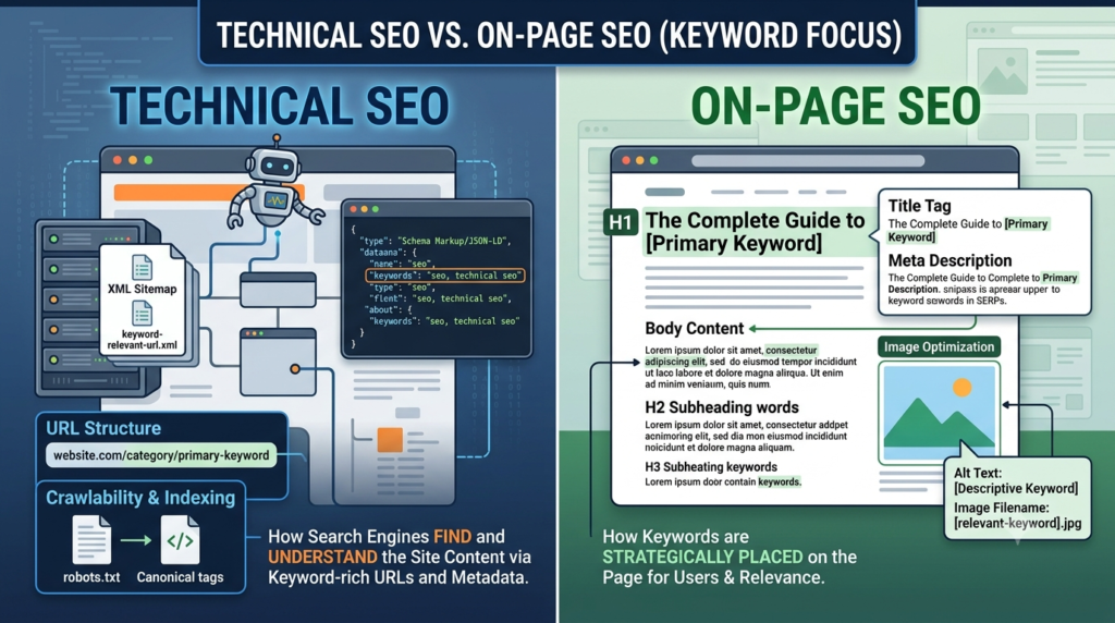 Technical SEO vs On Page SEO comparison guide for improving Google rankings and website traffic
